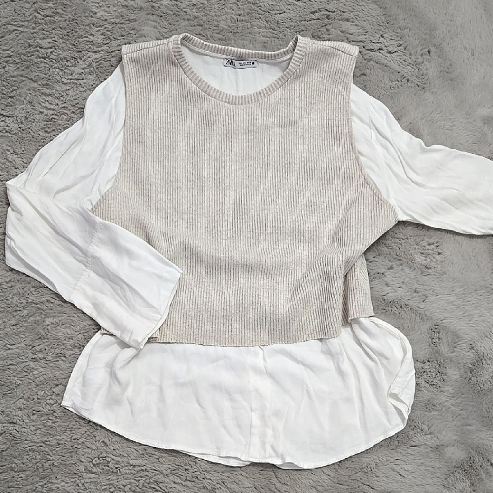 ZARA cream Ribbed knit vest over white longsleeves top size L